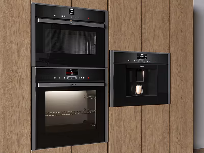 Built in Kitchen Appliances Black Oven And Coffee Machine In Wooden Cabinet Design 3d model
