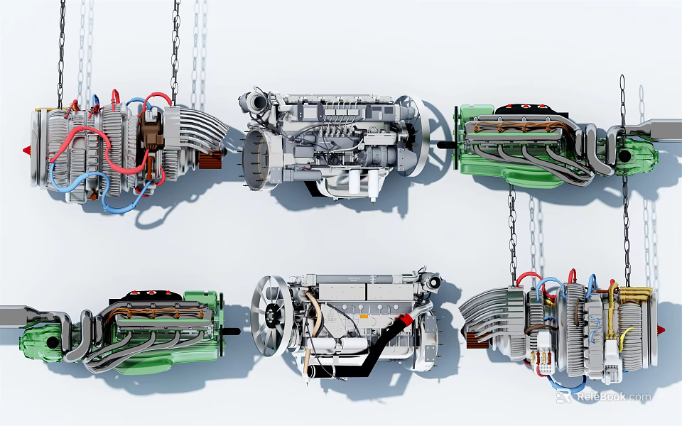 Various Types of Engines Suspended Displaying Different Structures and Colors 3d model 