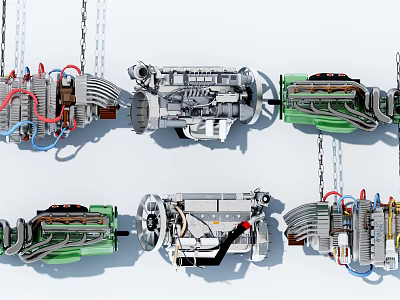 Various Types of Engines Suspended Displaying Different Structures and Colors 3d model