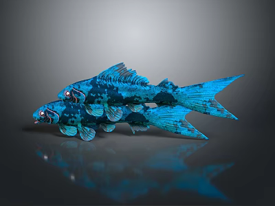 Two Blue Fish With Black Spots Shiny Decorative Marine Animals With Reflection 3d model