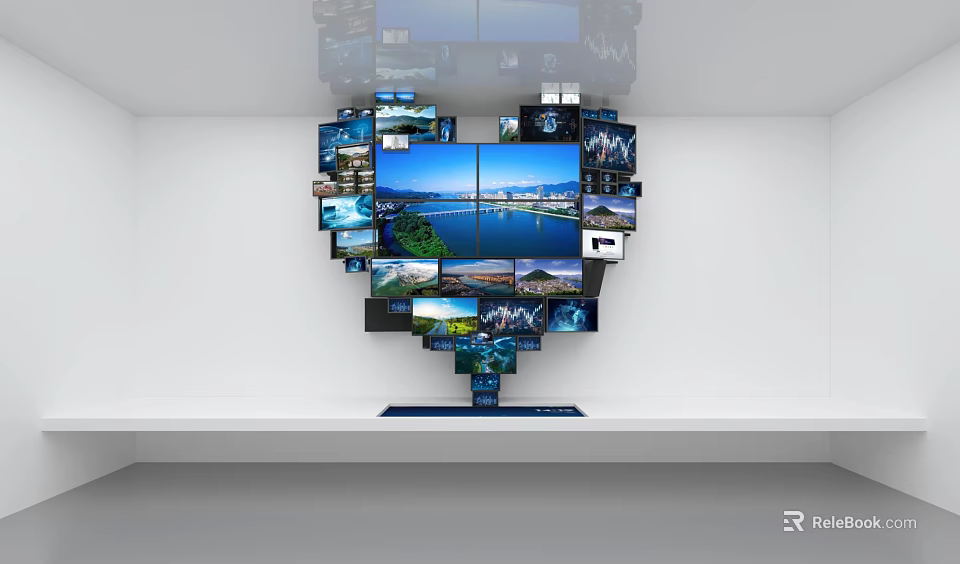 Heart Shaped Monitor Arrangement Featuring Central Large Landscape Screen And Surrounding Small Displays 3d model 