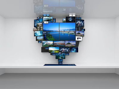 Heart Shaped Monitor Arrangement Featuring Central Large Landscape Screen And Surrounding Small Displays 3d model