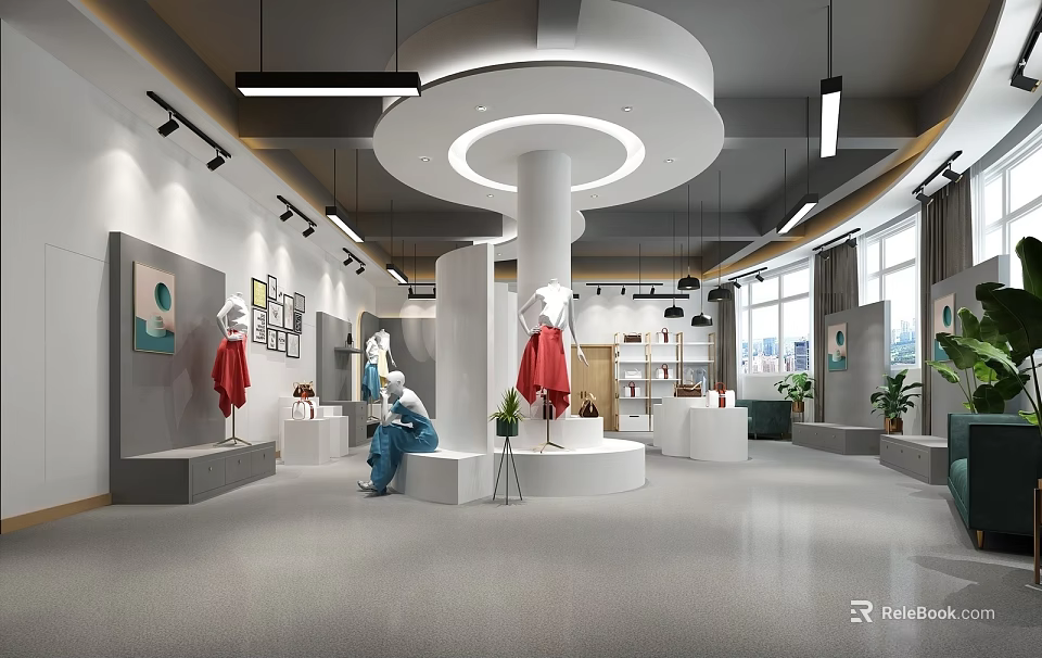 Modern Retail Store Interior With Mannequins Display Platforms And Stylish Lighting Design 3d model 