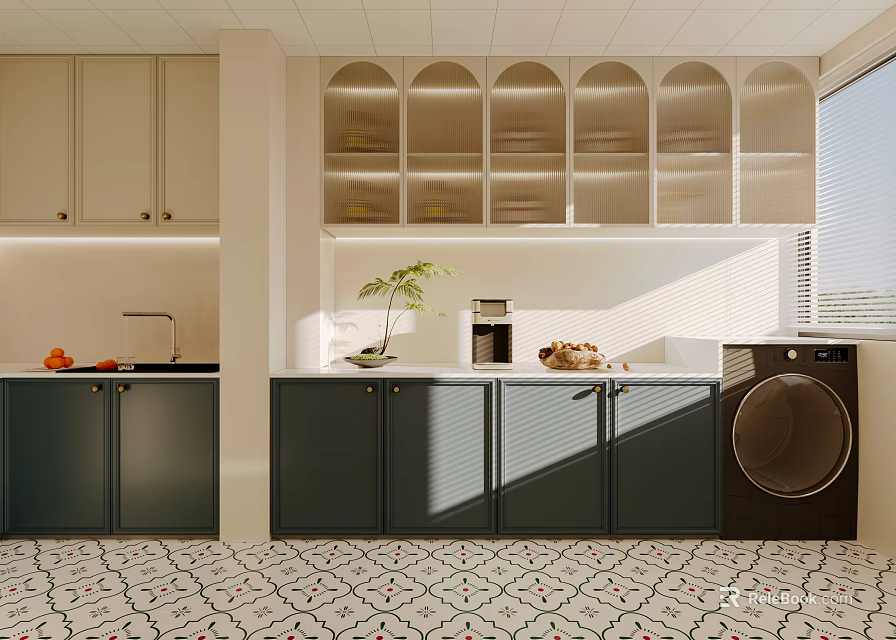 Modern Open Kitchen Featuring Light Arched Glass Door Upper Cabinets And Dark Lower Cabinets 3d model 