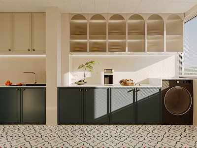 Modern Open Kitchen Featuring Light Arched Glass Door Upper Cabinets And Dark Lower Cabinets 3d model