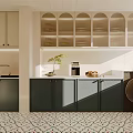 Modern Open Kitchen Featuring Light Arched Glass Door Upper Cabinets And Dark Lower Cabinets
