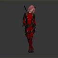Woman With Pink Hair In Red Black Bodysuit Standing Confidently With Crossed Legs And Swords