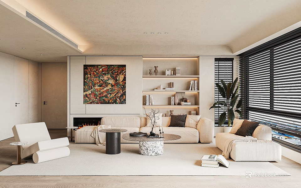 Modern Living Room Interior With Beige Sofas Colorful Abstract Painting Bookshelves And Green Plant 3d model 