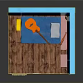 Blue Room Interior With Posters Bed Desk Lamp And Colorful Brick Base