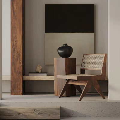 Leisure Chair With Wooden Frame And Woven Backrest In Modern Interior With Art Decor Pedestal 3d model