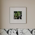 Figure Painting Hanging On Wall In White Frame With Outdoor Scene Greenery And Marble Counter