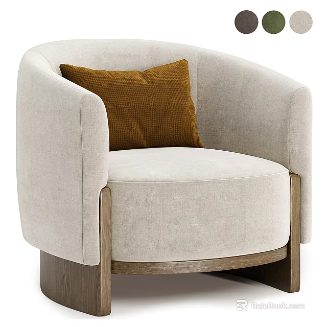 Beige Fabric Single Sofa With Curved Armrest Brown Cushion And Wooden Legs 3d model 