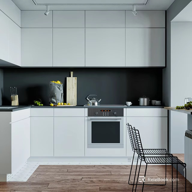 Modern Kitchen With White Cabinets And Black Backsplash 3d model