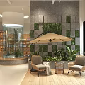 Mall Shop Interior Featuring Wooden Frame Ceiling Hanging Plants Dining Table And Display Cabinets