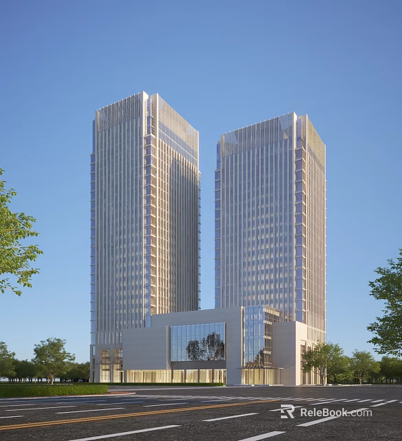 Twin Modern Office Towers With Glass Facade Surrounded by Trees Under Clear Blue Sky 3d model 