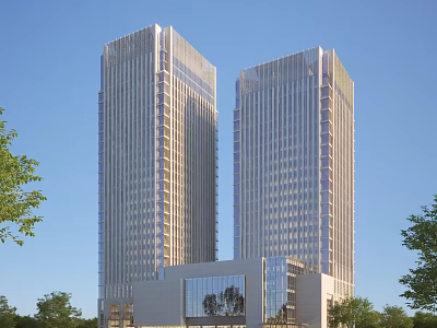 Twin Modern Office Towers With Glass Facade Surrounded by Trees Under Clear Blue Sky 3d model