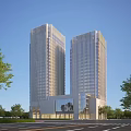Twin Modern Office Towers With Glass Facade Surrounded by Trees Under Clear Blue Sky