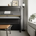 Stylish Music Instrument And Art Supplies Interior With Black Piano Framed Painting Piano Stool And Decorative Bowl