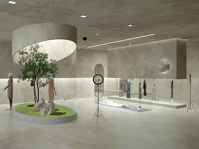Modern Public Office Space With Circular Green Area Light Stone Walls And Open Layout 3d model