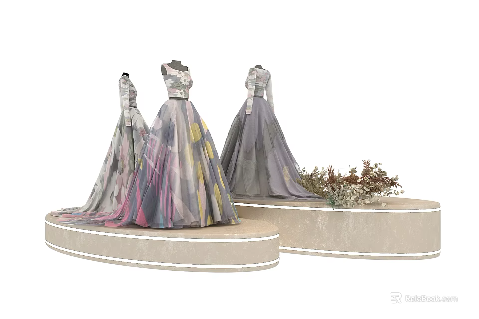 Elegant Long Dresses On Three Mannequins With Circular Platforms And Decorative Floral Accents 3d model 