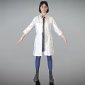 Woman in White Lab Coat Tie Blue Leggings Black Boots Grey Background Arms Outstretched