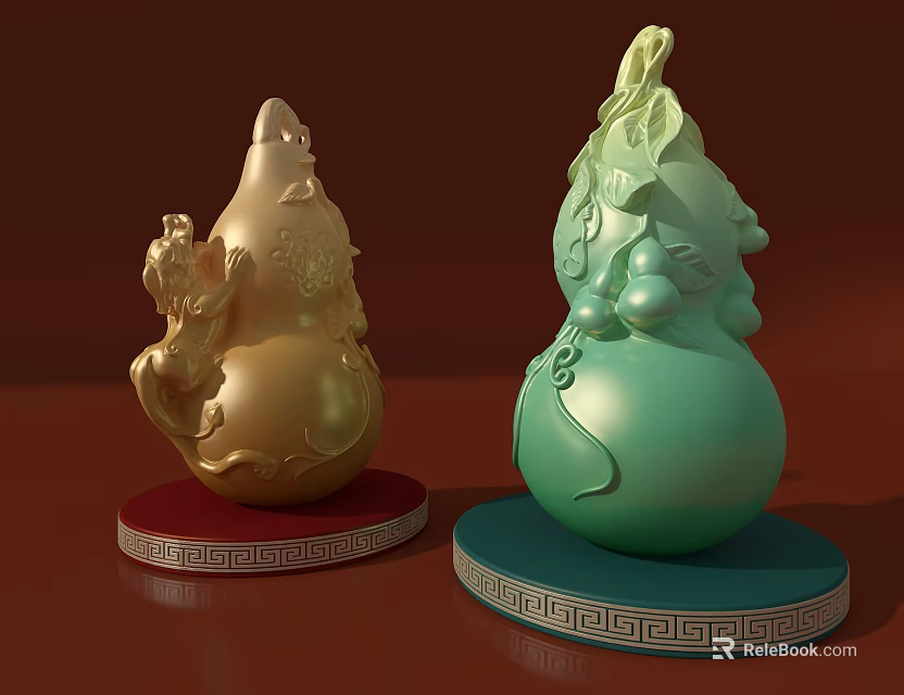 Gold And Green Gourd Shaped Decorative Ornament Set With Red Blue Bases And Traditional Patterns 3d model 
