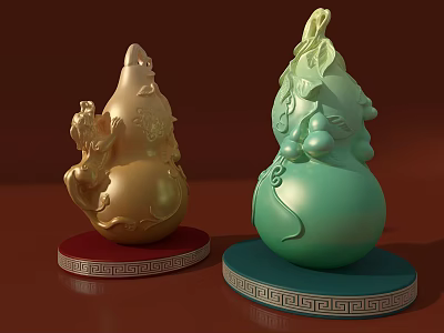 Gold And Green Gourd Shaped Decorative Ornament Set With Red Blue Bases And Traditional Patterns 3d model