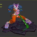 Game Movie Character With Purple Hair Twin Tails Red Pants Green Staff And Stone Slab Base