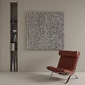 Abstract Painting Black White Lines Wall Art In Minimalist Room With Leather Chair And Shelf
