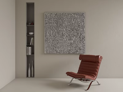 Abstract Painting Black White Lines Wall Art In Minimalist Room With Leather Chair And Shelf 3d model