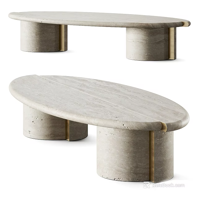 Elegant Modern Marble Coffee Table With Oval Top Cylindrical Legs And Brass Accents 3d model
