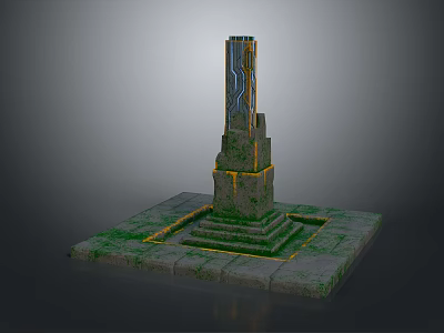 Ancient Stone Tower Structure With Moss Covered Base And Glowing Blue Lines 3d model
