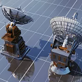 Large Satellite Dishes With Metal Frames On Reflective Ground Under Blue Sky 3d model