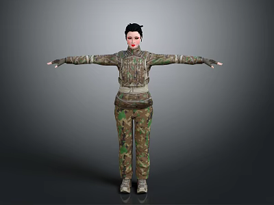 Female Character In Camouflage Uniform Standing With Arms Outstretched Against Gray Background 3d model
