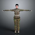 Female Character In Camouflage Uniform Standing With Arms Outstretched Against Gray Background