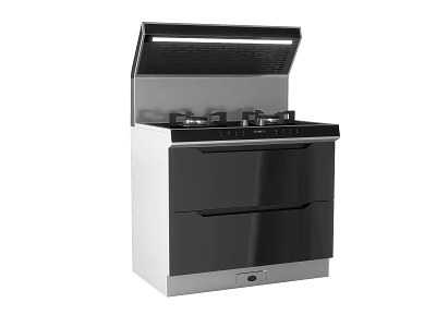 Modern Stainless Steel Gas Stove With Range Hood And Double Drawers 3d model