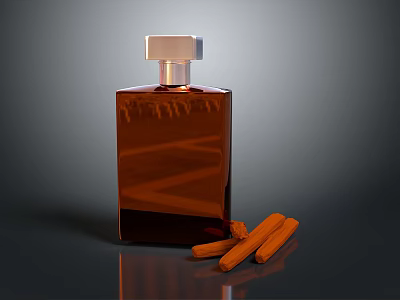 Brown Square Glass Perfume Bottle With Shiny Silver Cap And Cinnamon Sticks 3d model