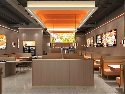 Modern Restaurant Interior With Wooden Booth Seats Hanging Pendant Lights And Wall Displays 3d model