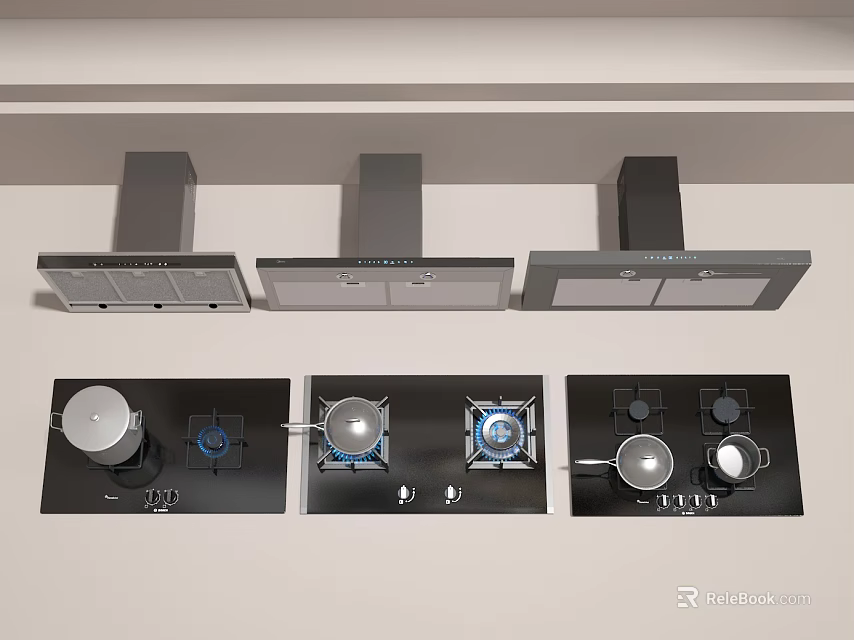 Modern Kitchen Appliances Display With Multiple Range Hoods And Gas Stoves 3d model