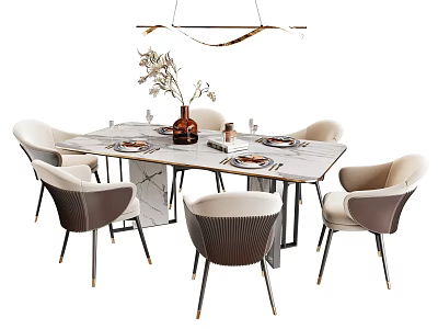 Modern Dining Table Set With Marble Top Beige Gray Chairs Floral Vase And Pendant Light 3d model