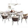 Modern Dining Table Set With Marble Top Beige Gray Chairs Floral Vase And Pendant Light