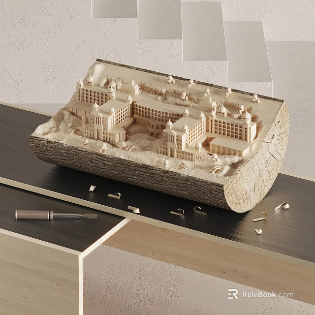 Wooden Carved Architectural Model Decorative Ornament Set With Tools On Table 3d model 