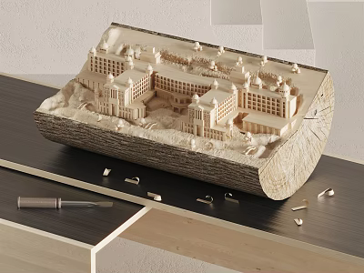 Wooden Carved Architectural Model Decorative Ornament Set With Tools On Table 3d model