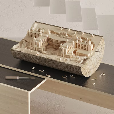 Wooden Carved Architectural Model Decorative Ornament Set With Tools On Table 3d model