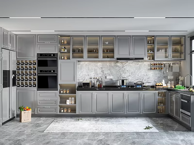 Modern Kitchen Interior With Grey Cabinets Glass Door Cabinets And Marble Countertop 3d model