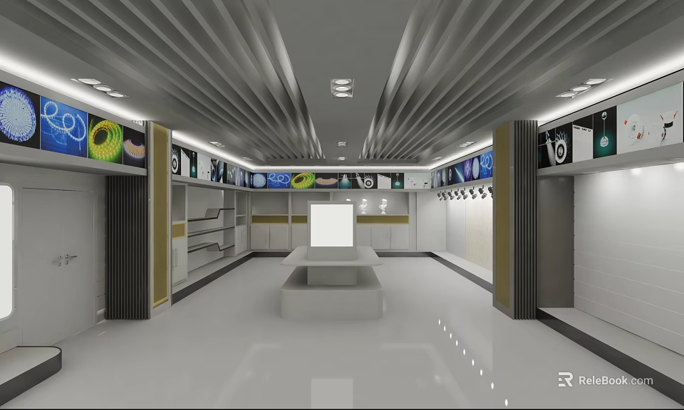 Modern Exhibition Hall Interior With Striped Ceiling Shelves And Display Counter 3d model 