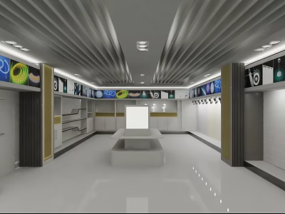 Modern Exhibition Hall Interior With Striped Ceiling Shelves And Display Counter 3d model