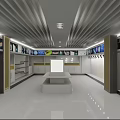 Modern Exhibition Hall Interior With Striped Ceiling Shelves And Display Counter