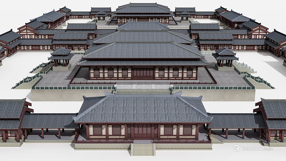 Traditional Chinese Ancient Architecture With Symmetrical Layout Tile Roofs And Wooden Structure 3d model 