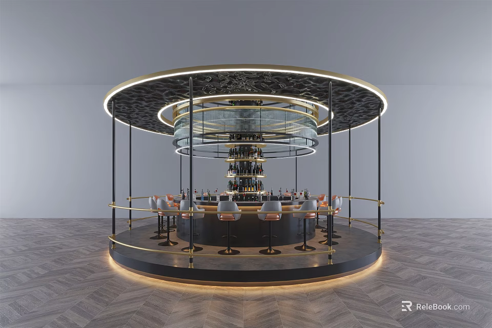 Modern Circular Bar With Ring Lighting Wine Racks And Bar Stools On Geometric Patterned Floor 3d model
